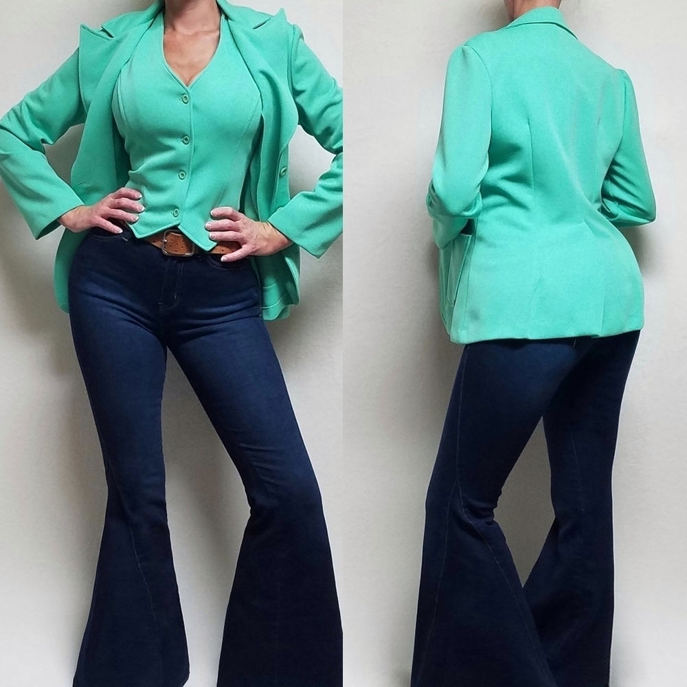 70s Vintage Worthington Mint Green Knit V-neck Vest Blazer Two-Piece Set 15/16